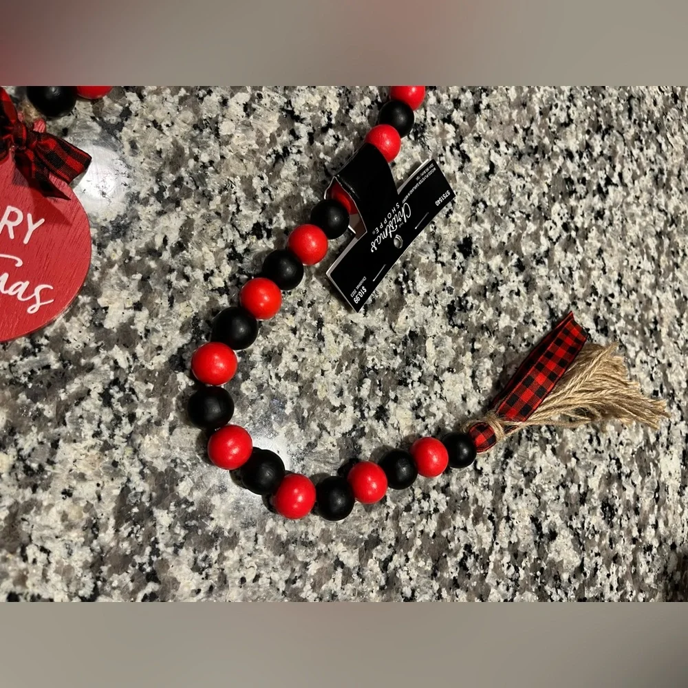 New! Red and black decorative decor, merry Christmas wooden bead garland